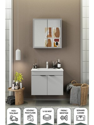 Biani Fix Loft 85 Cm Banyo Dolabı,Seramik Lavabolu, Aynalı,Lavabo Dahil,Mdf,Mat Gri