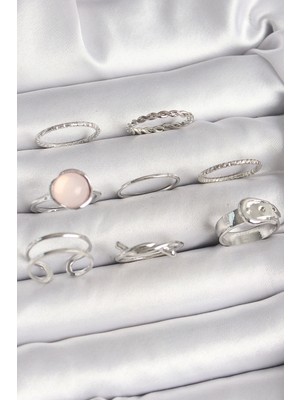 Pirinç Gümüş Renk Pembe Mineli Kemer Düğüm Figür Kadın Yüzük Kombini