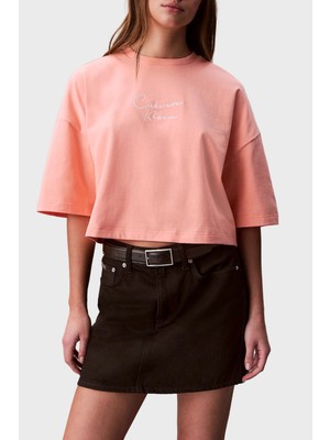 Calvin Klein Pamuklu Relaxed Fit Işleme Logolu Crop T Shirt LV047C202GVDW Bayan T Shirt LV047C202G Vdw
