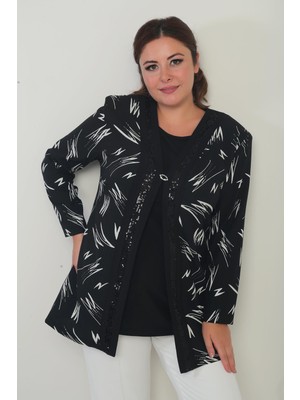 Kadın  Içi Kolsuz Likralı Bluz Önü Şerit Pu Detaylı Desenli Krep Ceket Büyük Beden 2'li Takım