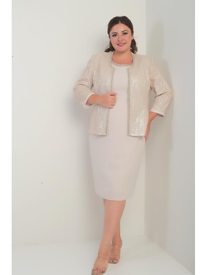 Kadın Kolsuz Astarlı Elbise Pul Işlemeli Ceket Taş Detaylı Büyük Beden 2'li Takım