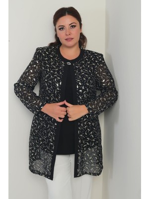 Kadın Uzun Kollu Likralı Bluz Yaldızlı Yaprak Baskılı Şifon Ceket Büyük Beden 2'li Takım