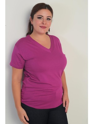 Kadın V Yaka Likralı Büyük Beden Bluz