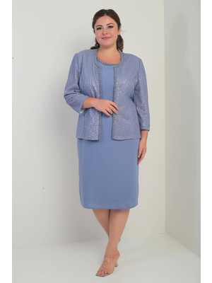 Kadın Kolsuz Astarlı Elbise Pul Işlemeli Ceket Taş Detaylı Büyük Beden 2'li Takım
