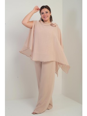 Kadın Yakası Saten Pelerin Içi Pulpayet Kolsuz Bluz Palazzo Pantolon Astarlı Büyük Beden Şifon 3'lü Takım