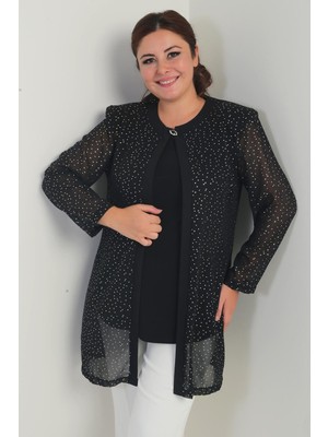 Kadın Uzun Kollu Likralı Bluz Yaldızlı Benek Baskılı Şifon Ceket Büyük Beden 2'li Takım