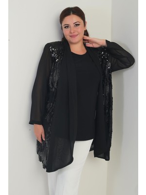 Kadın Yuvarlak Yaka Likralı Bluz Pulpayet Şifon Ceket Büyük Beden 2'li Takım