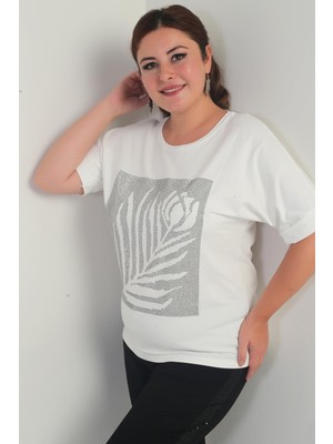 Kadın Kısa Yarasa Kollu Taş Detaylı Gül Desenli Likralı Büyük Beden Bluz