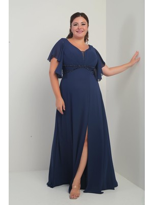 Kadın Ön Arka V Yaka Volanlı Kol Astarlı Beli Boncuklu Cepli Büyük Beden Şifon Elbise