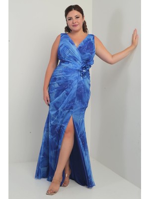 Kadın Ön Arka V Yaka Astarlı Önü Drapeli 3 Boyut Çiçekli Desenli Büyük Beden Tül Uzun Elbise