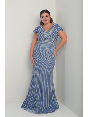 Kadın Ön Arka V Yaka Taş Baskılı Astarlı Büyük Beden Balık Elbise