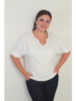 Kadın Yakası Zincirli Kısa Yarasa Kollu Taşlı Likralı Büyük Beden Bluz