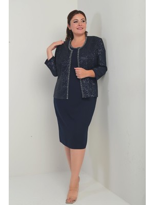 Kadın Kolsuz Astarlı Elbise Pul Işlemeli Ceket Taş Detaylı Büyük Beden 2'li Takım