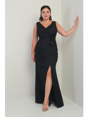 Kadın Ön Arka V Yaka Astarlı Önü Dapeli 3 Boyut Çiçekli Büyük Beden Tül Uzun Elbise