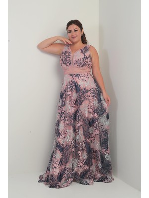 Kadın V Yaka Kalın Askılı Beli Dekolteli Nakışlı Uzun Kloş B.b. Elbise