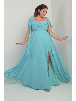 Kadın Degaje Yaka Omuz Bağlamalı Astarlı Büyük Beden Krep Şifon Uzun Elbise