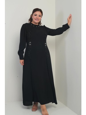Kadın Taş-Boncuk Baskılı Büyük Beden Tesettür Uzun Elbise