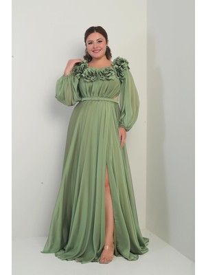 Çiçekli Madonna Yaka Kemerli Astarlı Şifon B.b. Uzun Elbise