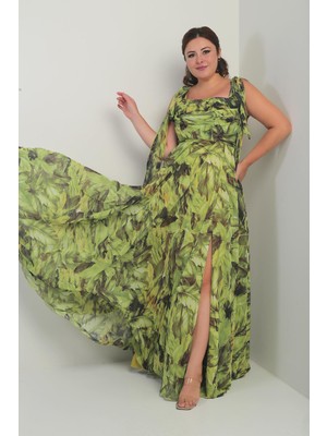 Kadın Degaje Yaka Omuz Bağlamalı Astarlı Yaprak Desenli Büyük Beden Krep Şifon Uzun Elbise