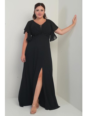 Kadın Ön Arka V Yaka Volanlı Kol Astarlı Beli Boncuklu Cepli Büyük Beden Şifon Elbise