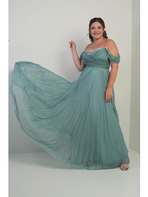 Kadın Sezerler Taş Işlemeli Straplez Yaka Ip Askılı Düşük Omuz Simli Uzun B.b. Elbise