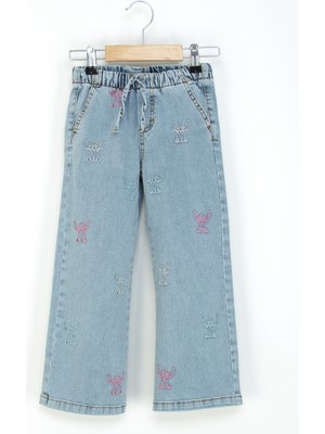 Kız Çocuk Bol Paça Kot Pantolon Beli Lastikli My Melody ve Kuromi Nakışlı Jean