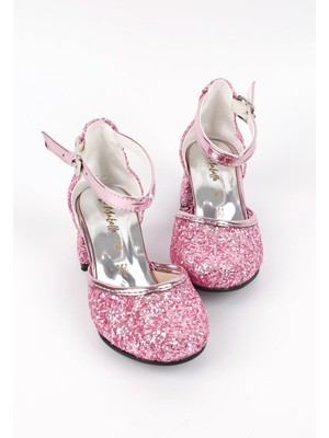 Pembe  Simli Topuklu Kız Çocuk Ayakkabı