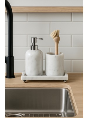 Akayev Mermer Beyaz 3 Parça Gümüş Ayak Banyo Seti Mutfak Sıvı Sabunluk Seti