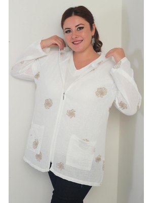 Kapüşonlu Torba Cepli Sim Işlemeli Sarmal  Desen Yıkamalı Fermuarlı Büyük Beden Ceket