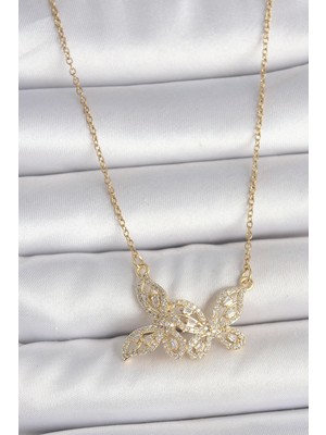 316L Çelik Gold Renk Zincir Zirkon Taşlı Kelebek Model Kadın Kolye