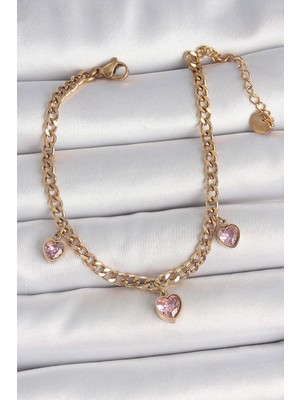 316L Çelik Gold Renk Zincir Sallantı Pembe Zirkon Taşlı Kalp Model Kadın Bileklik