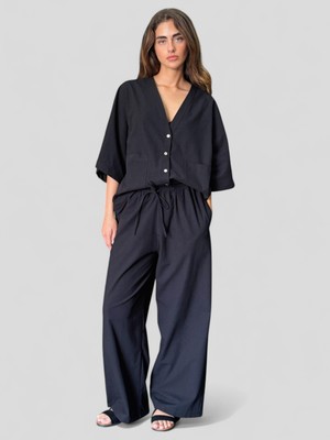 Retrobird Tasarım Keten Pantolon Kadın Siyah