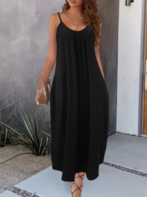 Kadın Ip Askılı Geniş V Yakalı Cepli Viskon Elbise L-Xl-Siyah