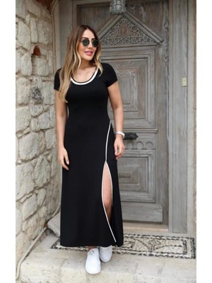 Kadın Yuvarlak Ribana Yaka Beyaz Yırtmaç Detaylı Viskon Tam Boy Elbise 2xl-3xl-Siyah