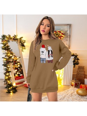 Kadın Uzun Kollu Bisiklet Yaka Desenli Viskon Iki Iplik Elbise 2xl-3xl-Bej