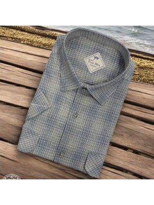 Linen Keten Klasik Kısa Kollu Iki Cepli Kapaklı Yeşil Baba Gömleği (Regular Kalıp)