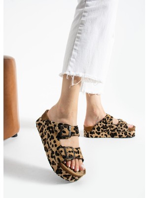 Pantofole Çift Tokalı Yüksek Leopar Terlik