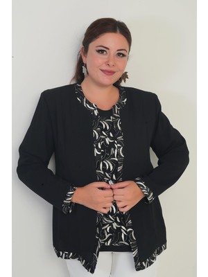 Pullu Krep Içi Kısa Kollu Bluz Ceket Büyük Beden 2'li Takım