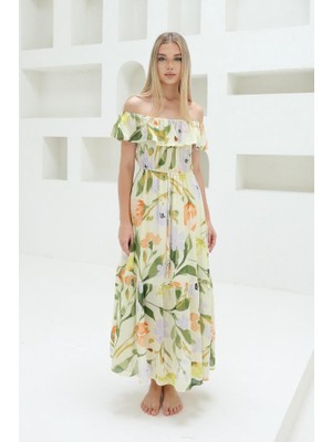 Madonna Yaka Elbise - Yeşil - Ekru M-Yeşil - Ekru