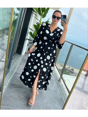 Kadın Puantiyeli Kruvaze Uzun Elbise S-Desenli