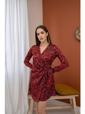 Kırmızı Leopar Desenli Saten Elbise S-Kırmızı