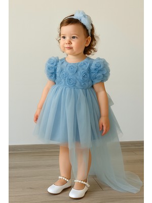 Kız Bebek  Elbise Kısa Kollu Fiyonklu Doğum Günü Parti Düğün Özel Gün Tüllü Astarlı Prenses