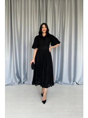 Siyah Kemerli Balon Kollu Elbise S-Siyah