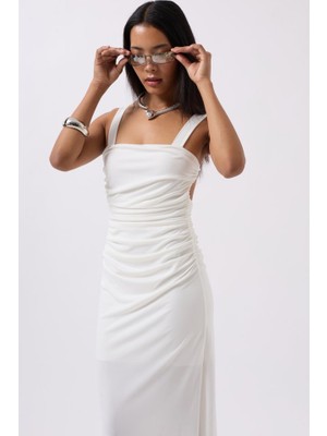 Yırtmaç Detay Sırt Dekolte Elbise S-Beyaz