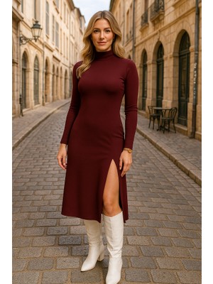 Kadın Uzun Kollu Balıkçı Yaka Derin Yırtmaç Detay Krep Elbise 2xl-3xl-Bordo