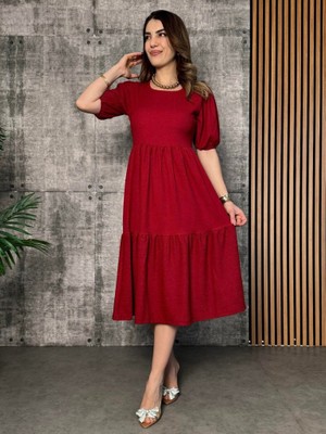 Kadın Kısa Kollu Yakası Açık Katlı Bürümcük Balon Elbise 2xl-3xl-Kırmızı