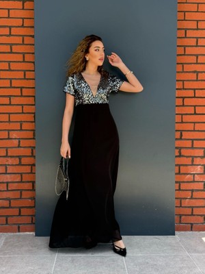 Kadın Kısa Kollu Derin V Yakalı A Kesim Pulpayet Detaylı Şifon Nedime Elbisesi 2xl-3xl-Siyah