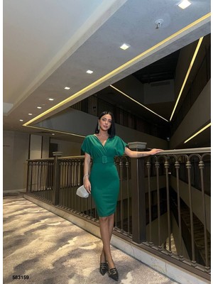 Kadın Dalgıç Krep V Yaka ve Sırt Dekolte Detaylı Elbise L-Yeşil