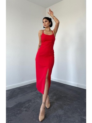 Kırmızı Sırt Dekolteli Elbise S-Kırmızı