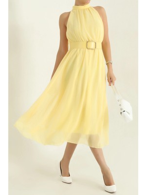 Neşeli Butik Kadın Halter Yaka Kemerli Şifon Elbise NBMY3734